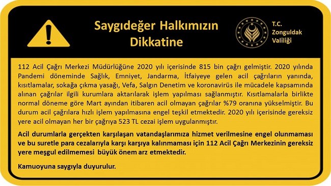 Zonguldak Valiliği'den gereksiz 112 acil çağrıları hakkında uyarı
